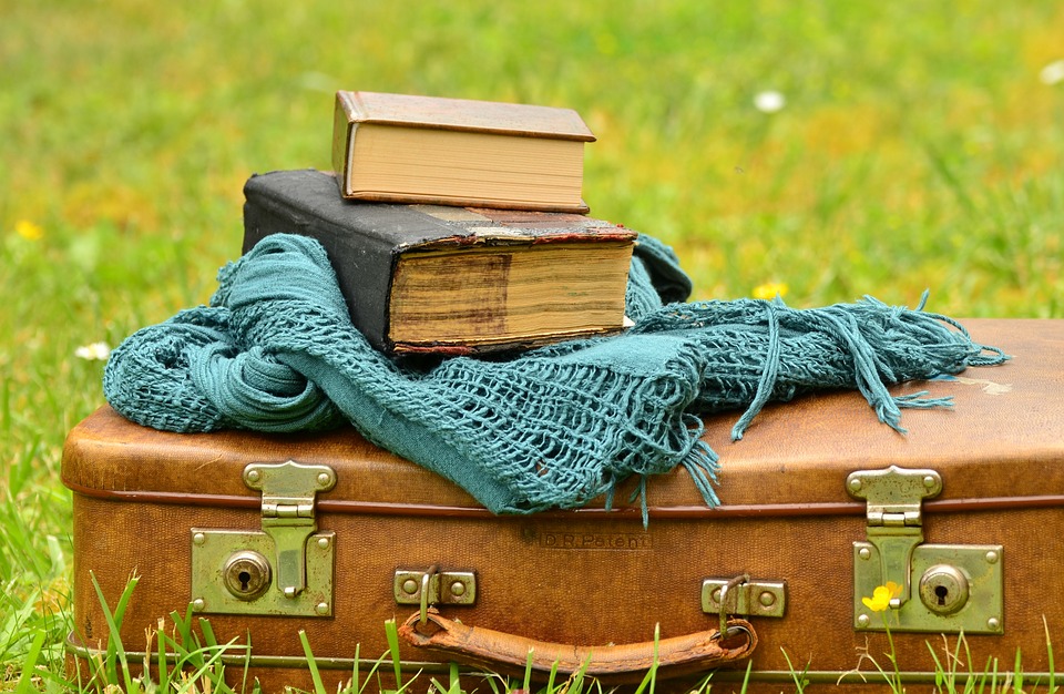valigia con coperta e libri